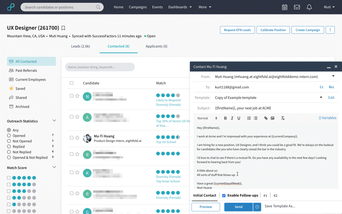 The shipped email modal working in the Eightfold platform