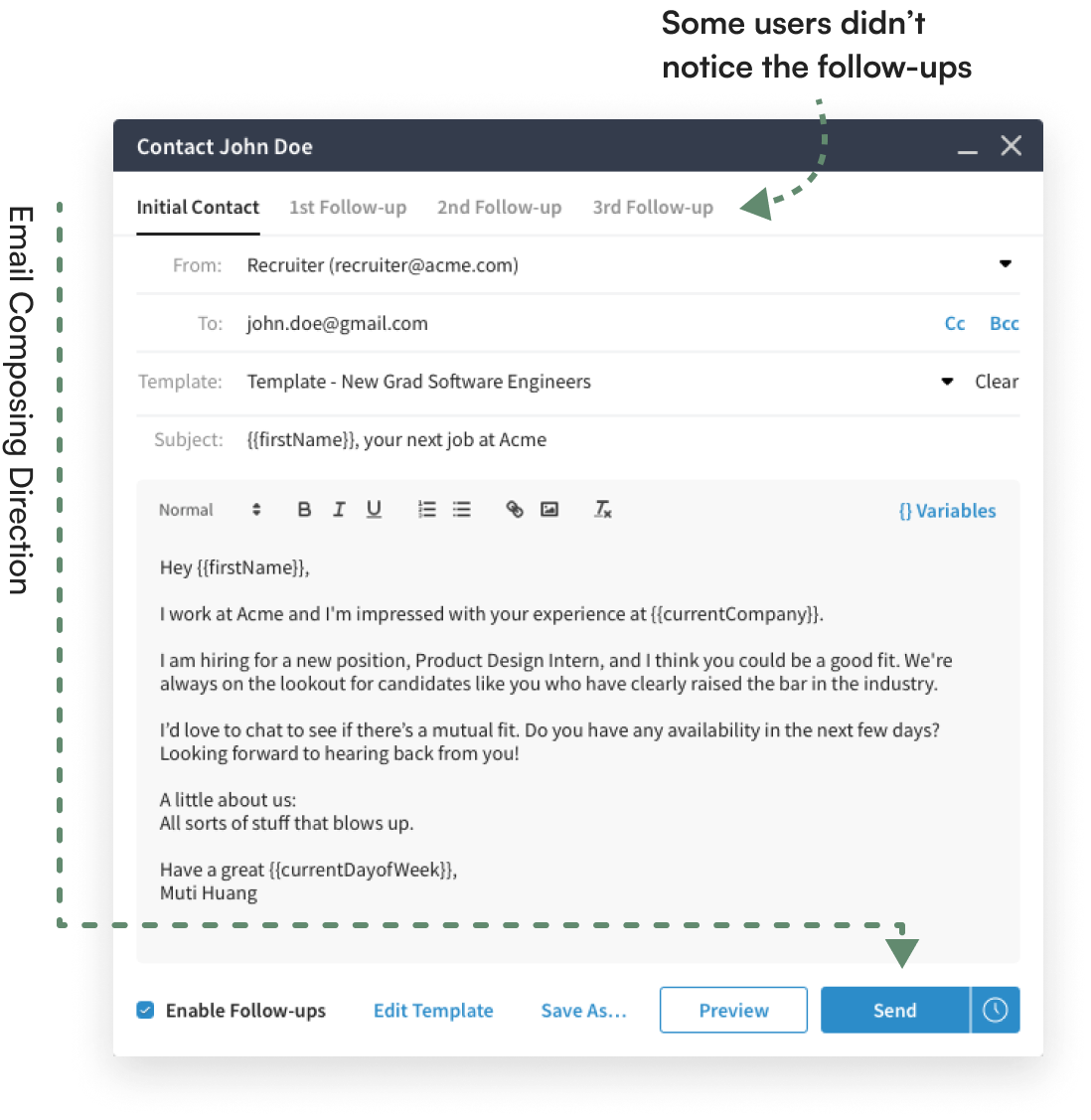 Initial design with follow-up tabs navigated at the top of the email module