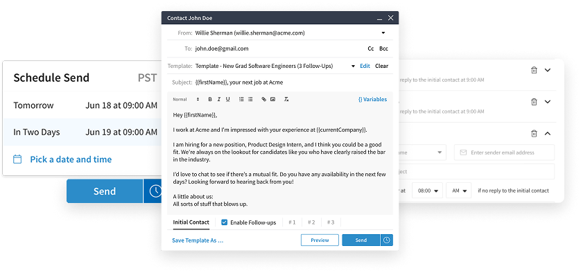 The shipped Eightfold email flow: a Schedule Send popup, follow-up tabs, and the template editor panel
