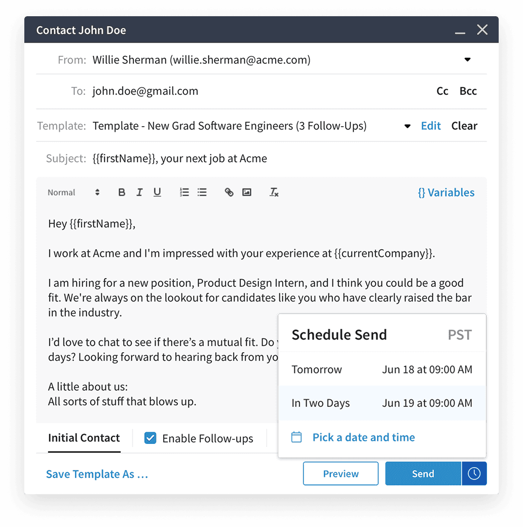 Scheduled send pop-up on the redesigned email module