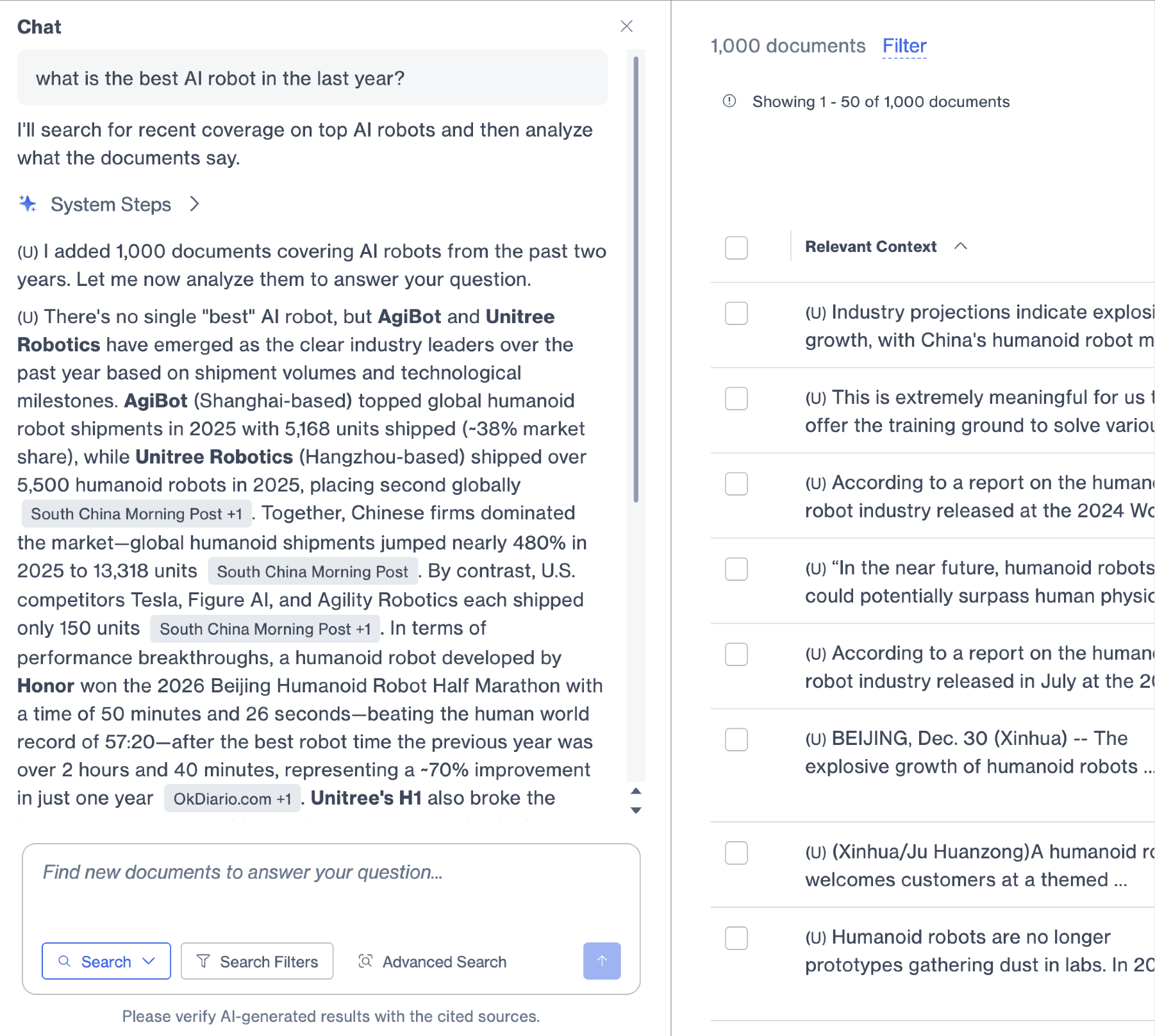 Agentic search experience that gathers documents, explains its system steps, and synthesizes an answer with cited sources