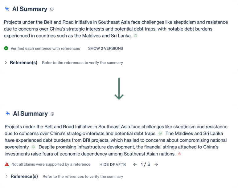 Two draft versions of an AI summary shown stacked, with an arrow indicating the analyst can step between them