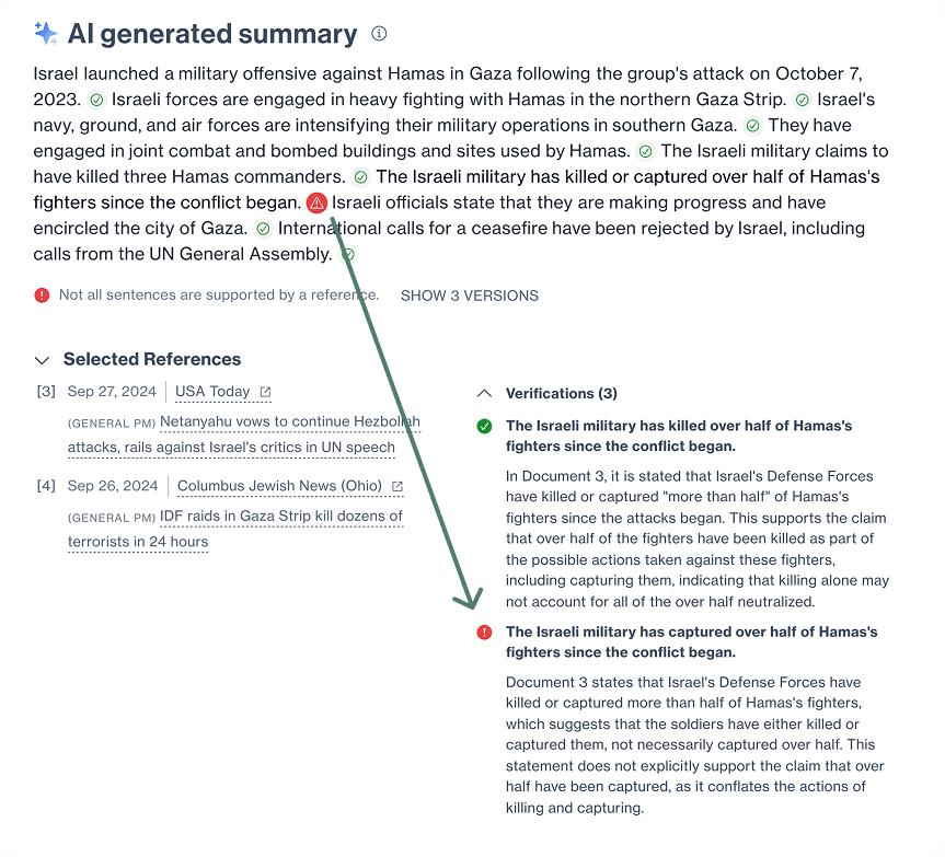 Expanded verification detail showing selected references and reasoning for why one claim failed verification