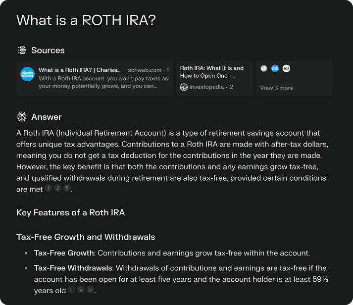 AI chat answer about a Roth IRA with numbered citation chips beside each claim