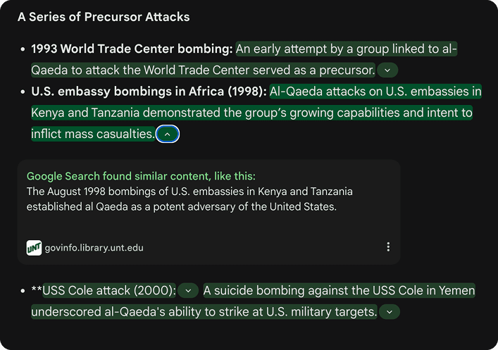 AI chat answer about historical attacks with highlighted spans expanding to a source excerpt
